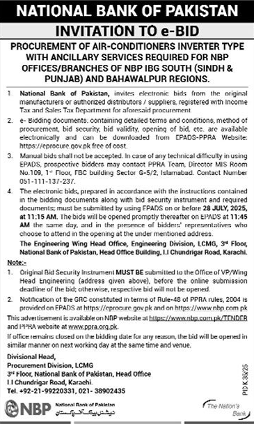 National Bank of Pakistan Karachi Tender Notice